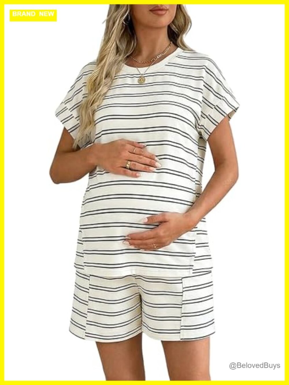 Maternity Two Piece Lounge Set Textured Striped Tee Top and Shorts